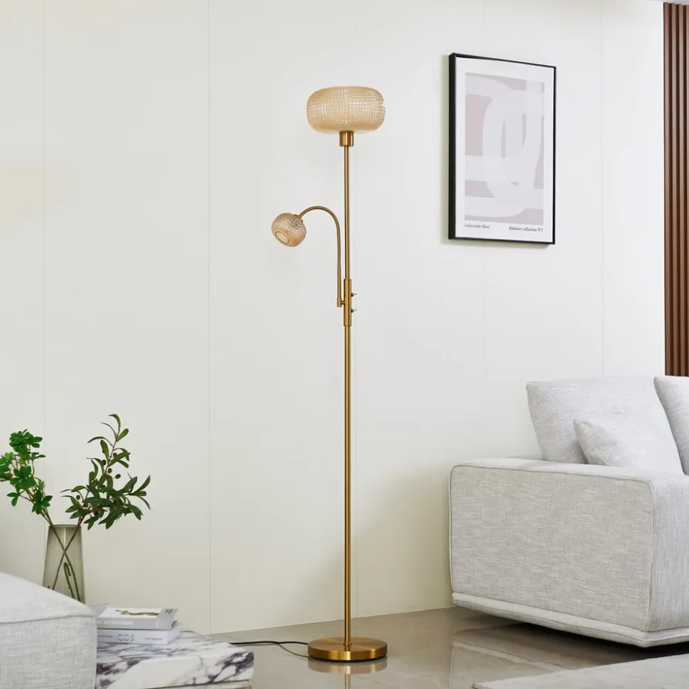 Lindby gulvlampe Aliette, guld/amber, glas, læselampe