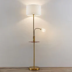 Lindby Gulvlampe Aovan, bronzefarvet, hylde, USB-port