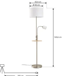 Lindby Gulvlampe Aovan, nikkelfarvet, hylde, USB-port