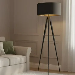 Lindby gulvlampe Benik, stativ, tekstil, sort/guld, 153 cm