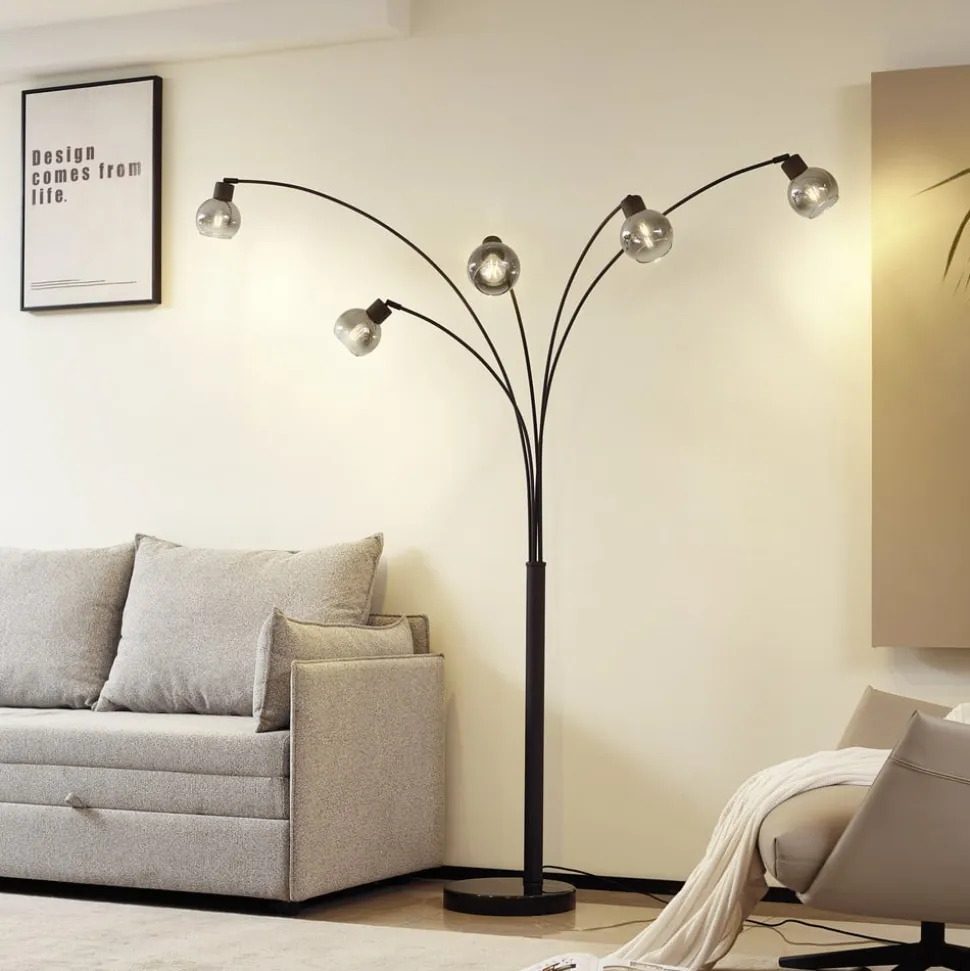 Lindby gulvlampe Braccio, grå/sort, glas, 5 lyskilder, 204,5 cm
