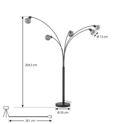 Lindby gulvlampe Braccio, grå/sort, glas, 5 lyskilder, 204,5 cm