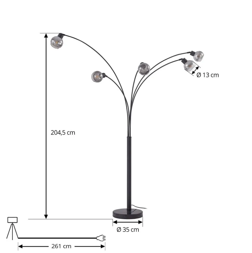 Lindby gulvlampe Braccio, grå/sort, glas, 5 lyskilder, 204,5 cm