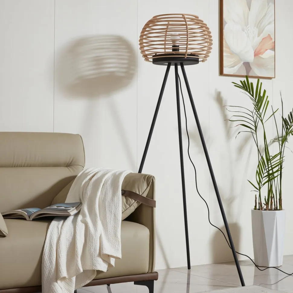 Lindby gulvlampe Ediz, sort, træ, 159 cm høj, E27