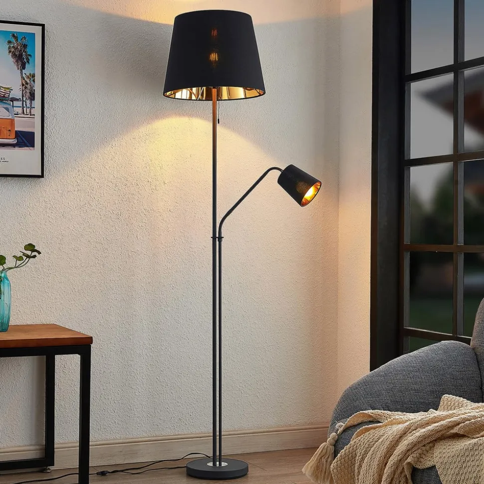 Lindby gulvlampe Efalia, sort/guld, tekstil, læselampe