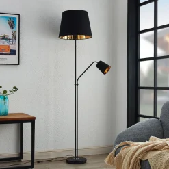 Lindby gulvlampe Efalia, sort/guld, tekstil, læselampe
