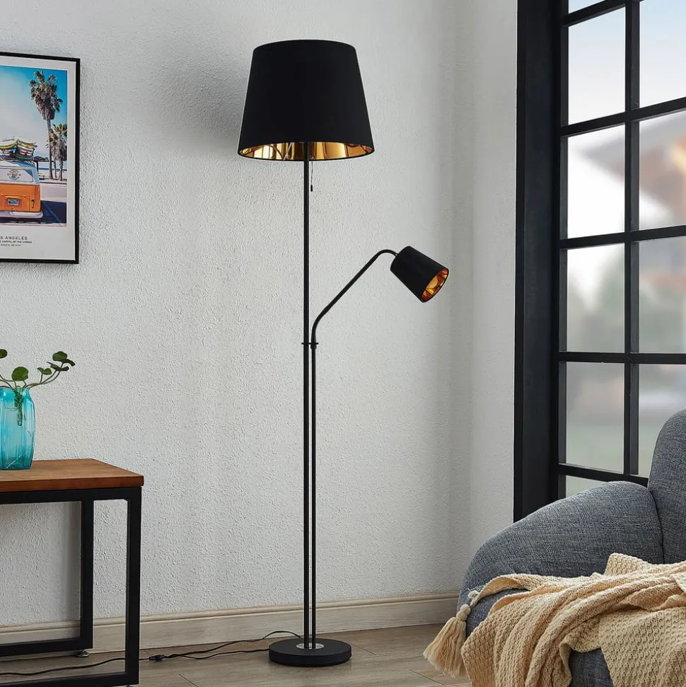Lindby gulvlampe Efalia, sort/guld, tekstil, læselampe