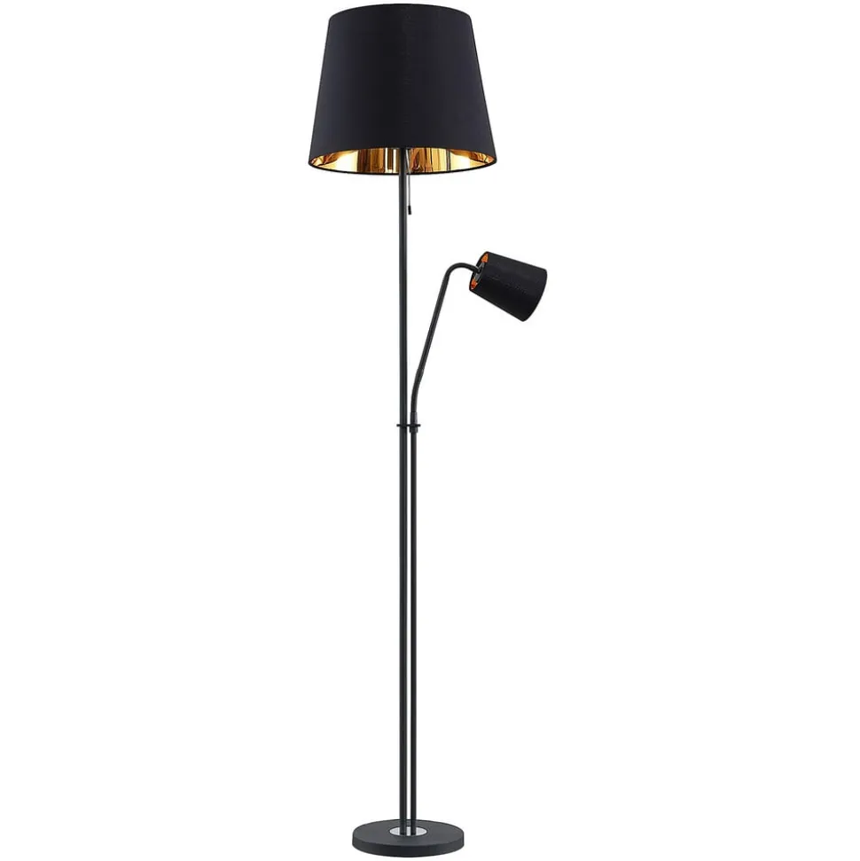 Lindby gulvlampe Efalia, sort/guld, tekstil, læselampe