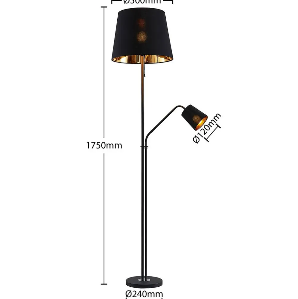 Lindby gulvlampe Efalia, sort/guld, tekstil, læselampe
