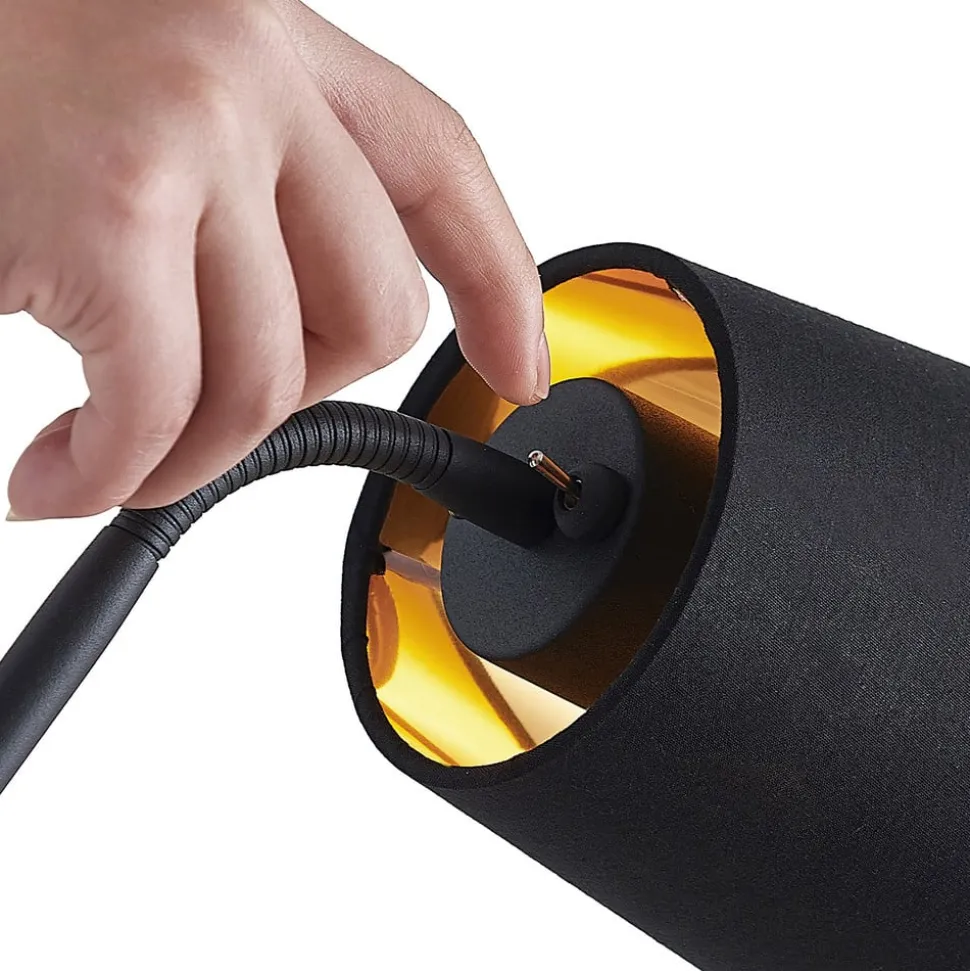 Lindby gulvlampe Efalia, sort/guld, tekstil, læselampe