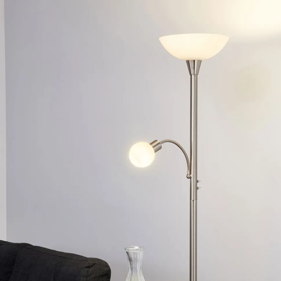 Lindby gulvlampe Elaina, 180 cm, nikkelfarvet, læselampe