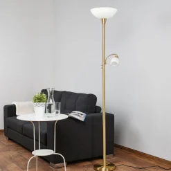 Lindby gulvlampe Elaina, læselampe, messingfarvet, 183cm E27