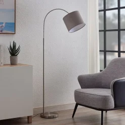 Lindby gulvlampe Keriba, nikkel/taupe, stof, 150 cm, E27