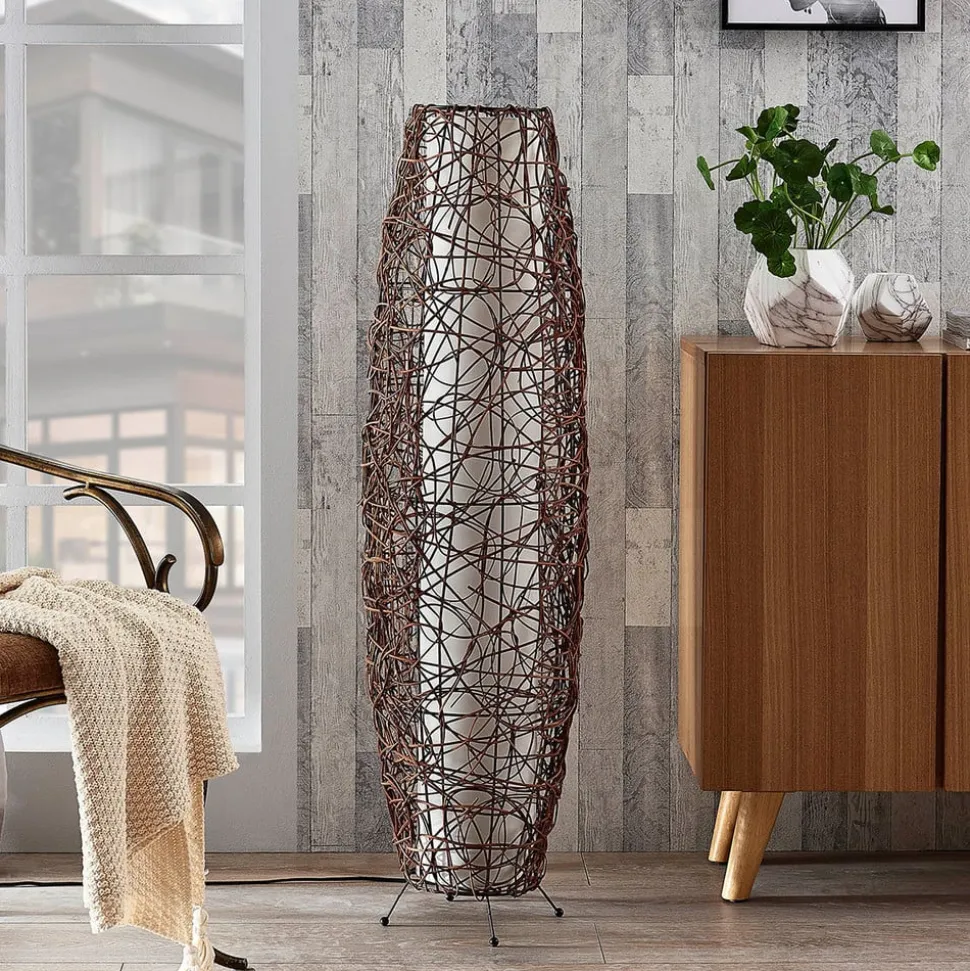 Lindby gulvlampe Nias, højde 111 cm, rattan, tekstil