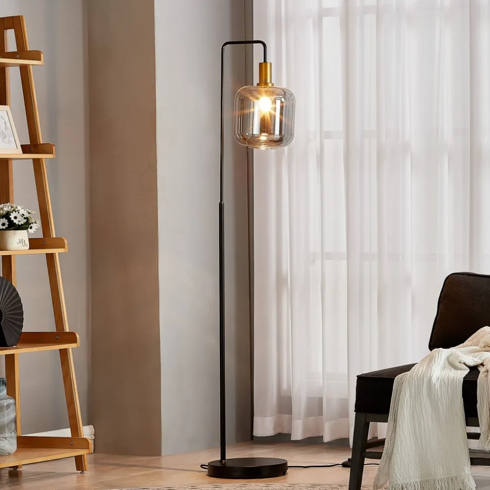 Lindby gulvlampe Nimbora, 150 cm, sort, glas, metal