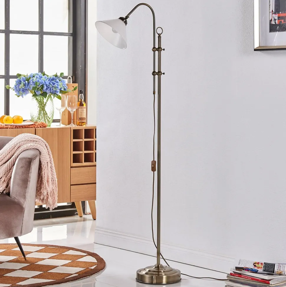 Lindby gulvlampe Otis, antik messing, glas, 170 cm, E27