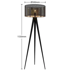 Lindby gulvlampe Thoralf, trefod, sort, tekstil, Ø50cm