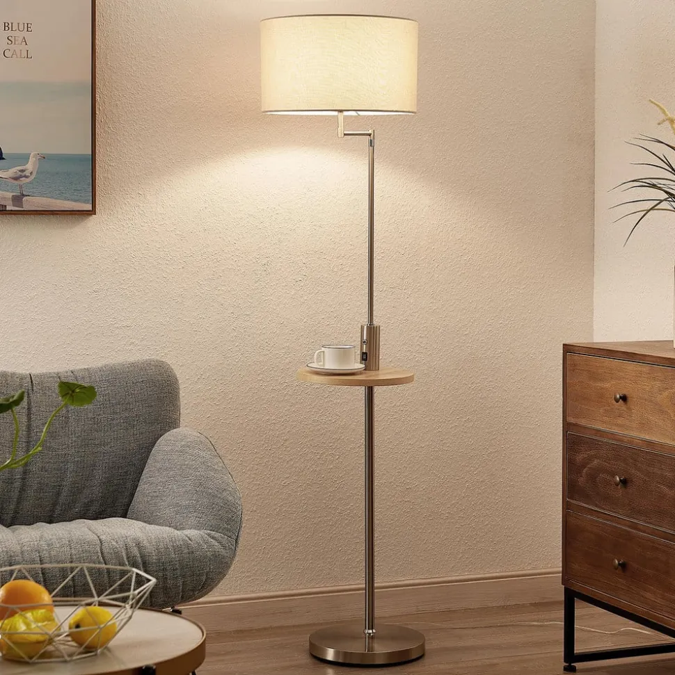 Lindby gulvlampe Zinia, nikkelfarvet, hylde, USB-tilslutning