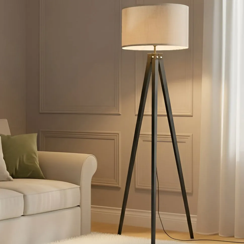 Lindby Herry gulvlampe, sort, træ, trefod, 153 cm