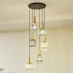 Lindby hængelampe Doroteo, 6 lyskilder, grøn/amber/grå, glas