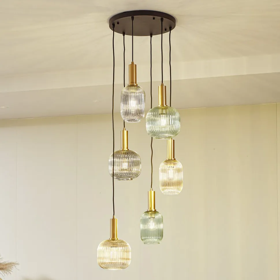 Lindby hængelampe Doroteo, 6 lyskilder, grøn/amber/grå, glas