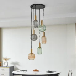 Lindby hængelampe Doroteo, 6 lyskilder, grøn/amber/grå, glas