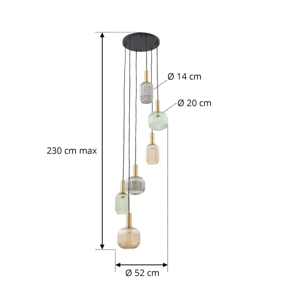 Lindby hængelampe Doroteo, 6 lyskilder, grøn/amber/grå, glas