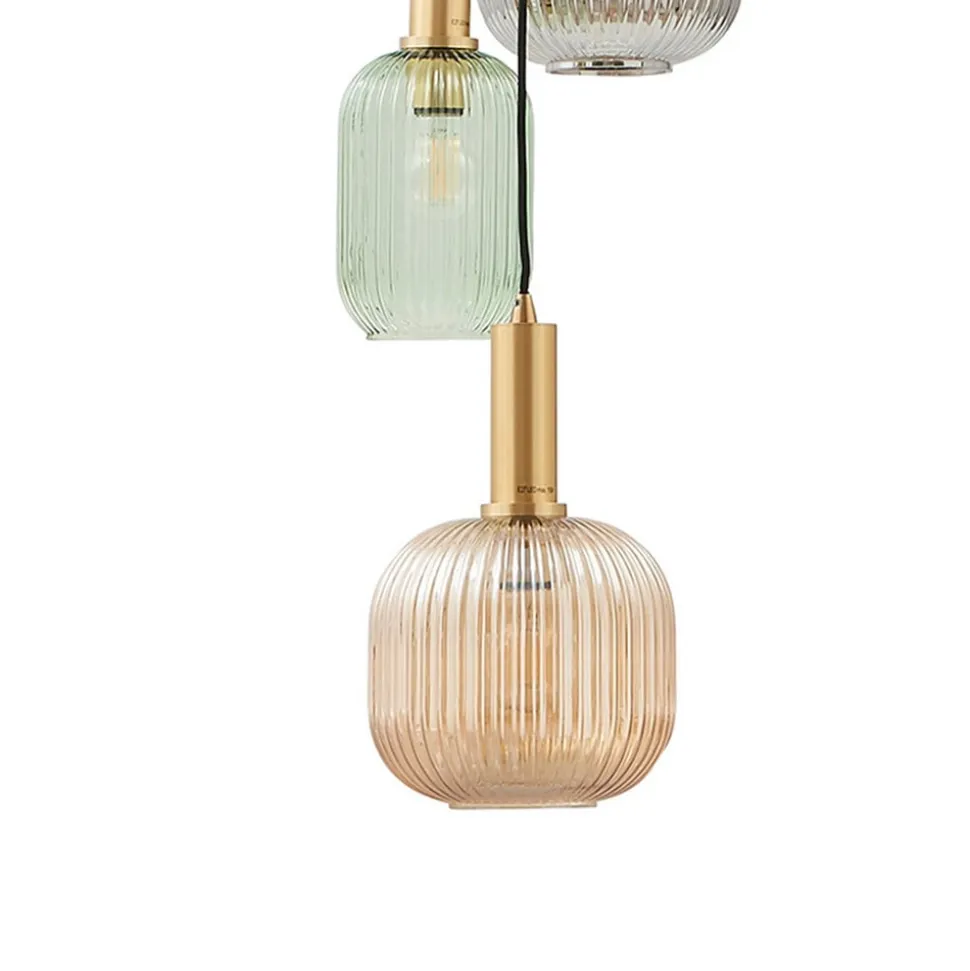 Lindby hængelampe Doroteo, 6 lyskilder, grøn/amber/grå, glas