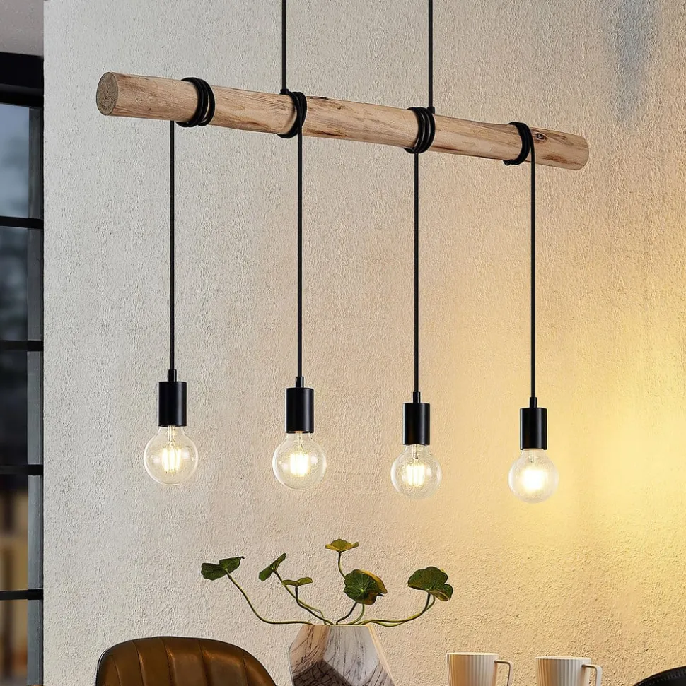 Lindby hængelampe Ferris, 4 lyskilder, 90 cm, træ, E27
