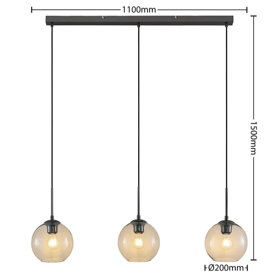 Lindby hængelampe Firano, 110 cm, 3 lyskilder, antracit, glas
