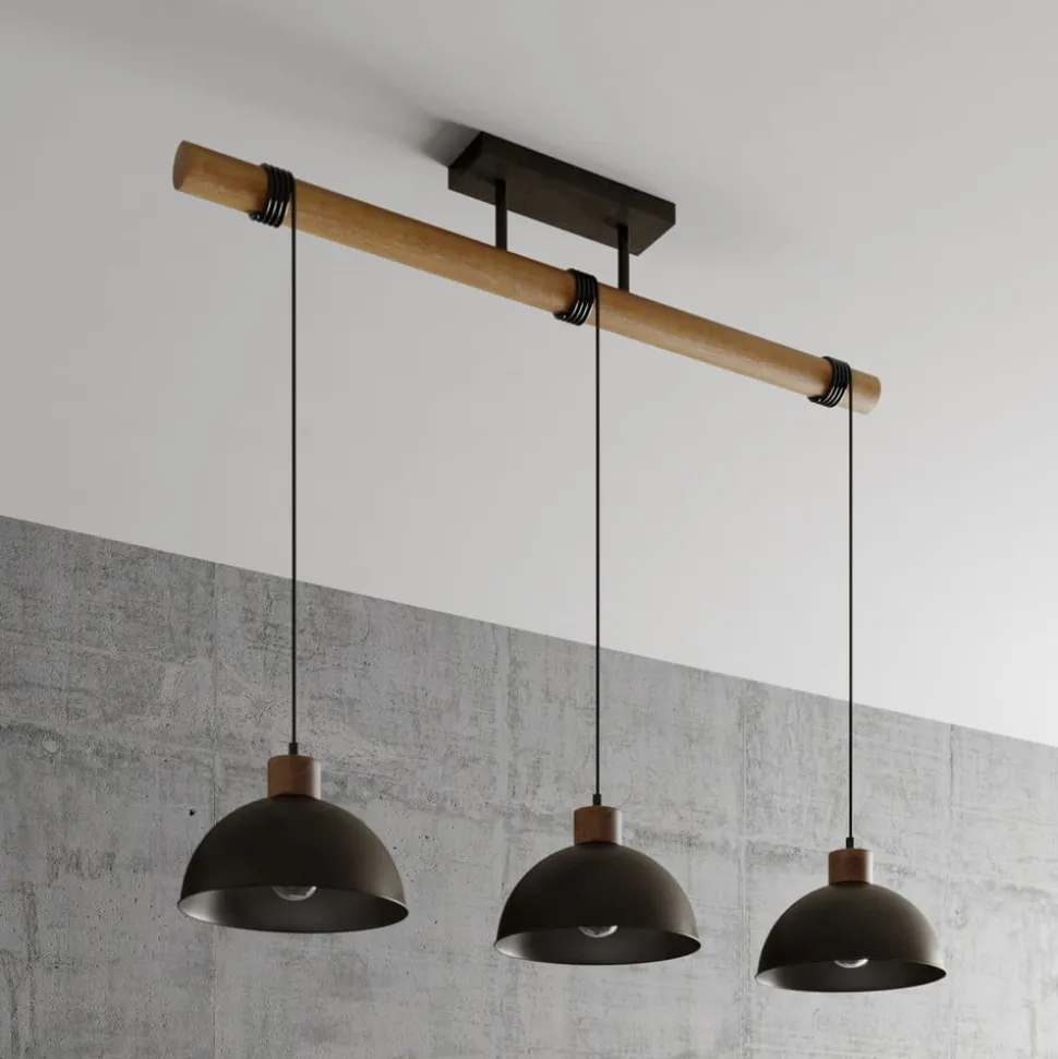 Lindby hængelampe Holgar, grå, 3 lyskilder, træ, metal, E27
