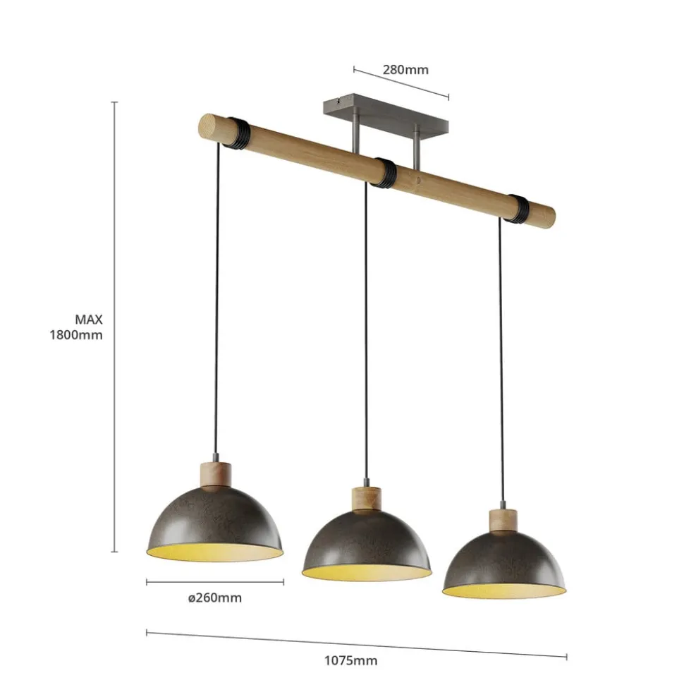 Lindby hængelampe Holgar, grå, 3 lyskilder, træ, metal, E27
