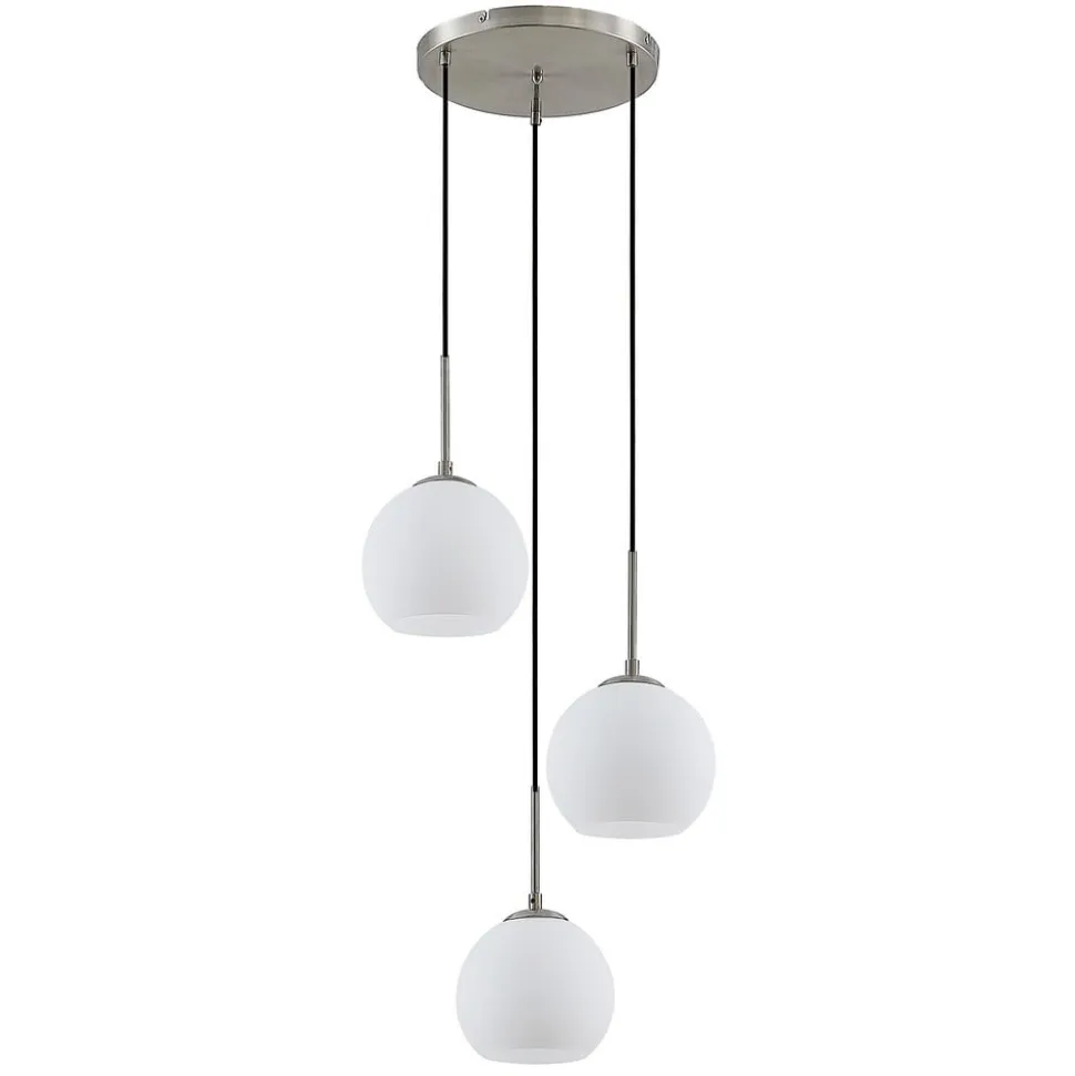 Lindby hængelampe Jurian, Ø 32 cm, 3 lyskilder, nikkel/opal, glas