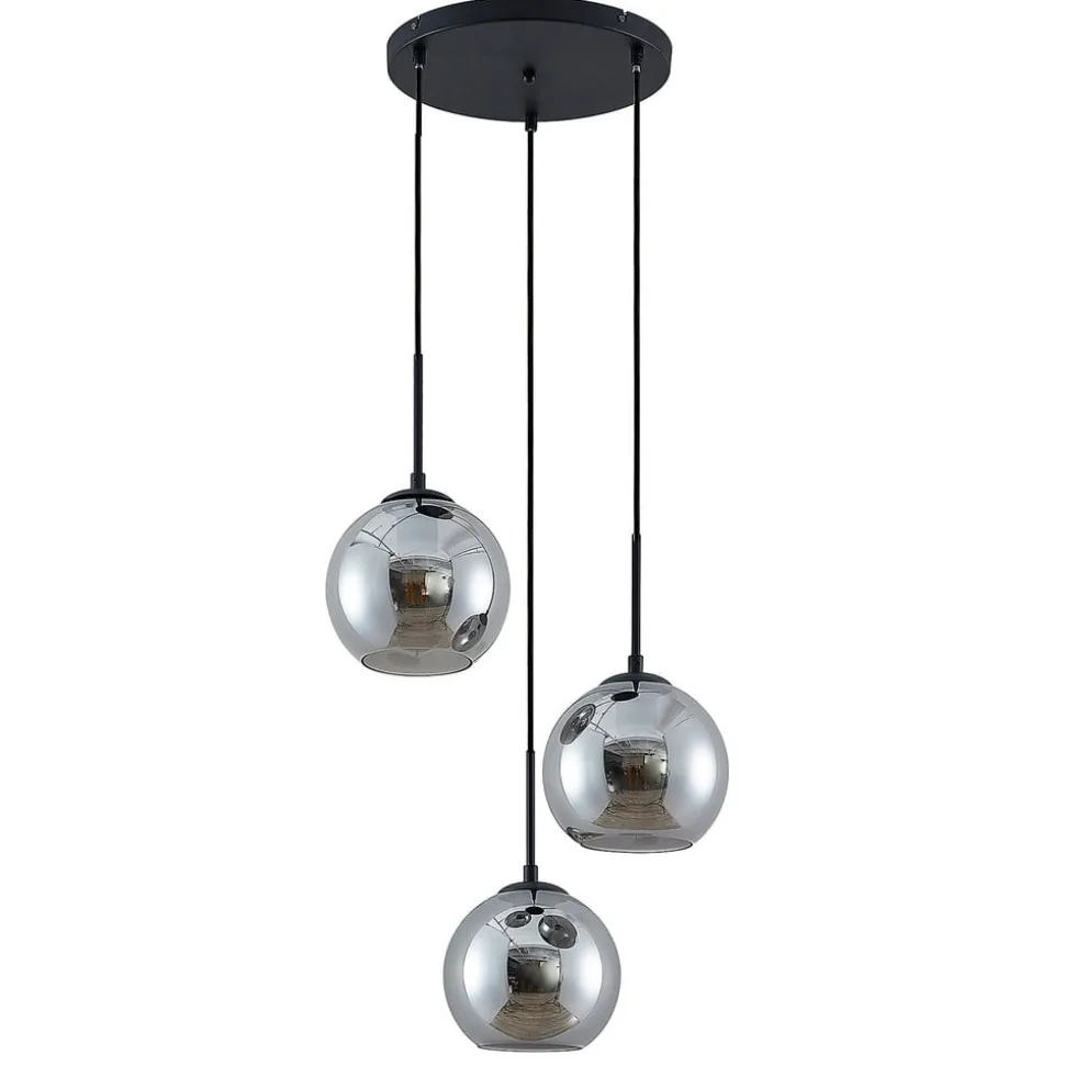 Lindby hængelampe Jurian, 32 cm, 3 lyskilder, sort/røget, glas