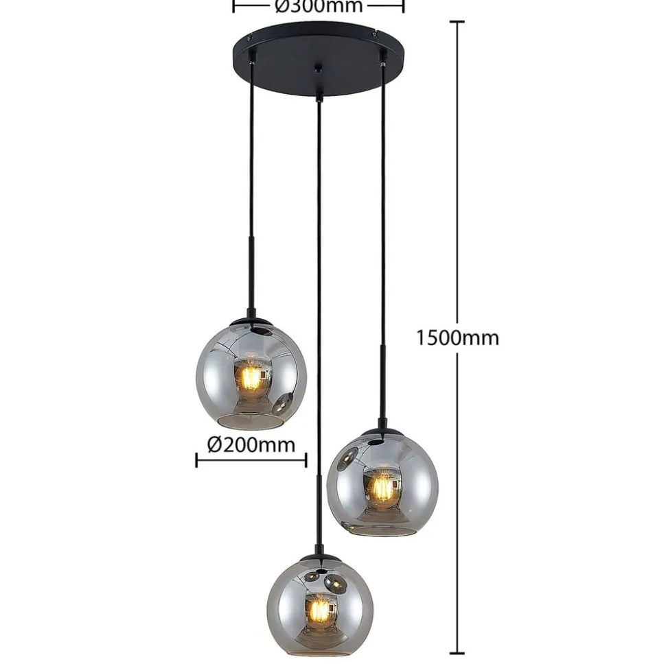 Lindby hængelampe Jurian, 32 cm, 3 lyskilder, sort/røget, glas