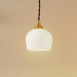 Lindby hængelampe Nolane, Ø 11 cm, keramik, hvid/messing
