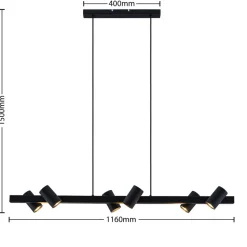 Lindby hængelampe Savoli, 116 cm, sort, 6 lyskilder, stål