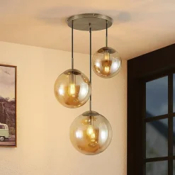 Lindby hængelampe Teeja, amber, 3 lyskilder, Ø52cm, glas, E27