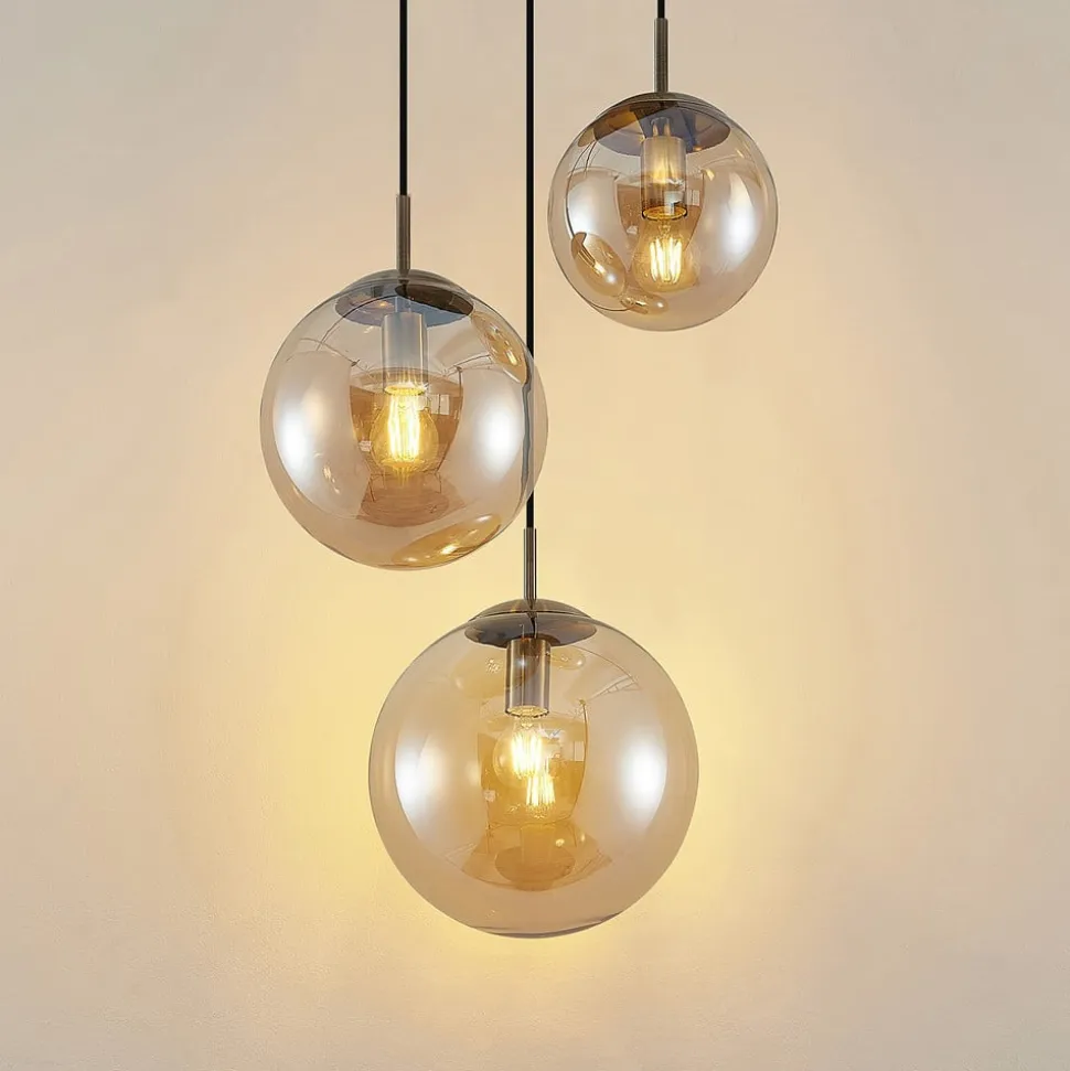 Lindby hængelampe Teeja, amber, 3 lyskilder, Ø52cm, glas, E27