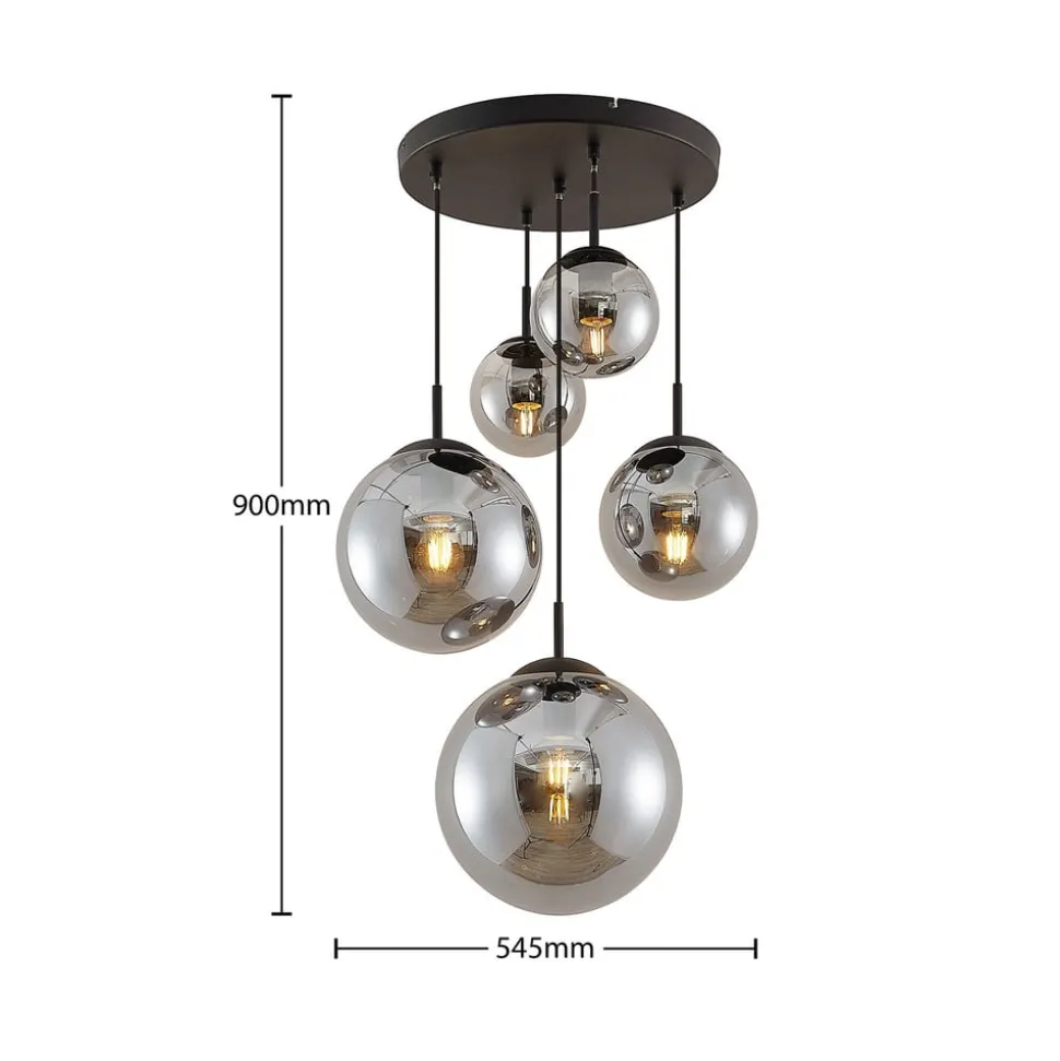 Lindby hængelampe Teeja, smoke, 5 lyskilder, Ø50cm, glas, E27