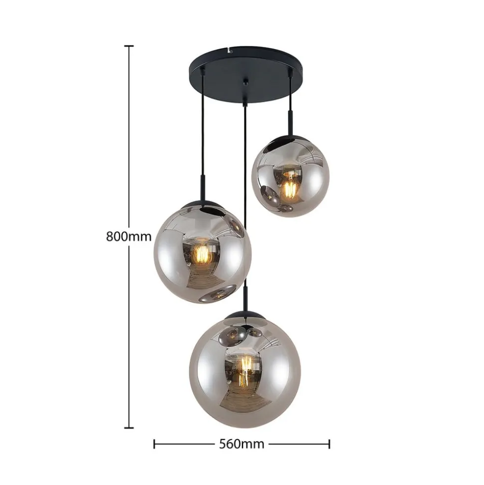 Lindby hængelampe Teeja, smoke, 3 lyskilder, Ø52cm, glas, E27
