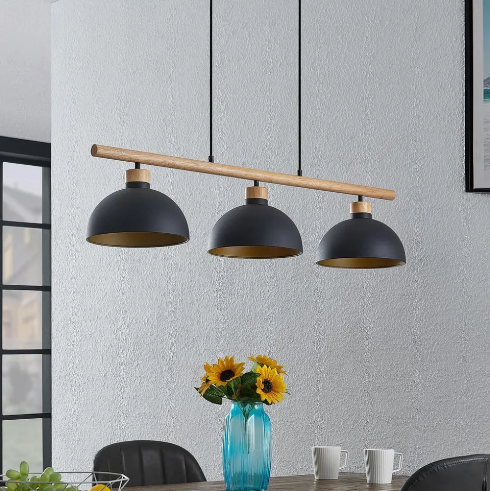 Lindby hængelampe Tirzana, 3 lyskilder, sort, metal, træ