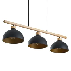 Lindby hængelampe Tirzana, 3 lyskilder, sort, metal, træ