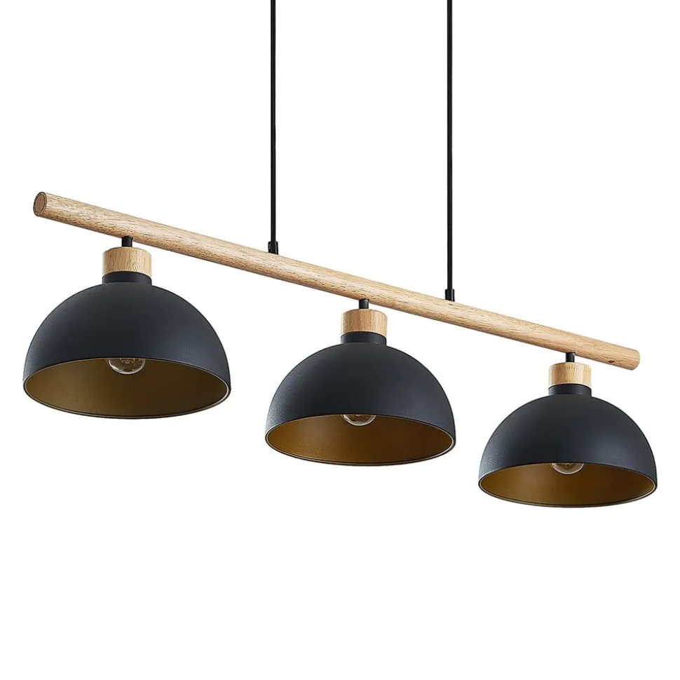 Lindby hængelampe Tirzana, 3 lyskilder, sort, metal, træ