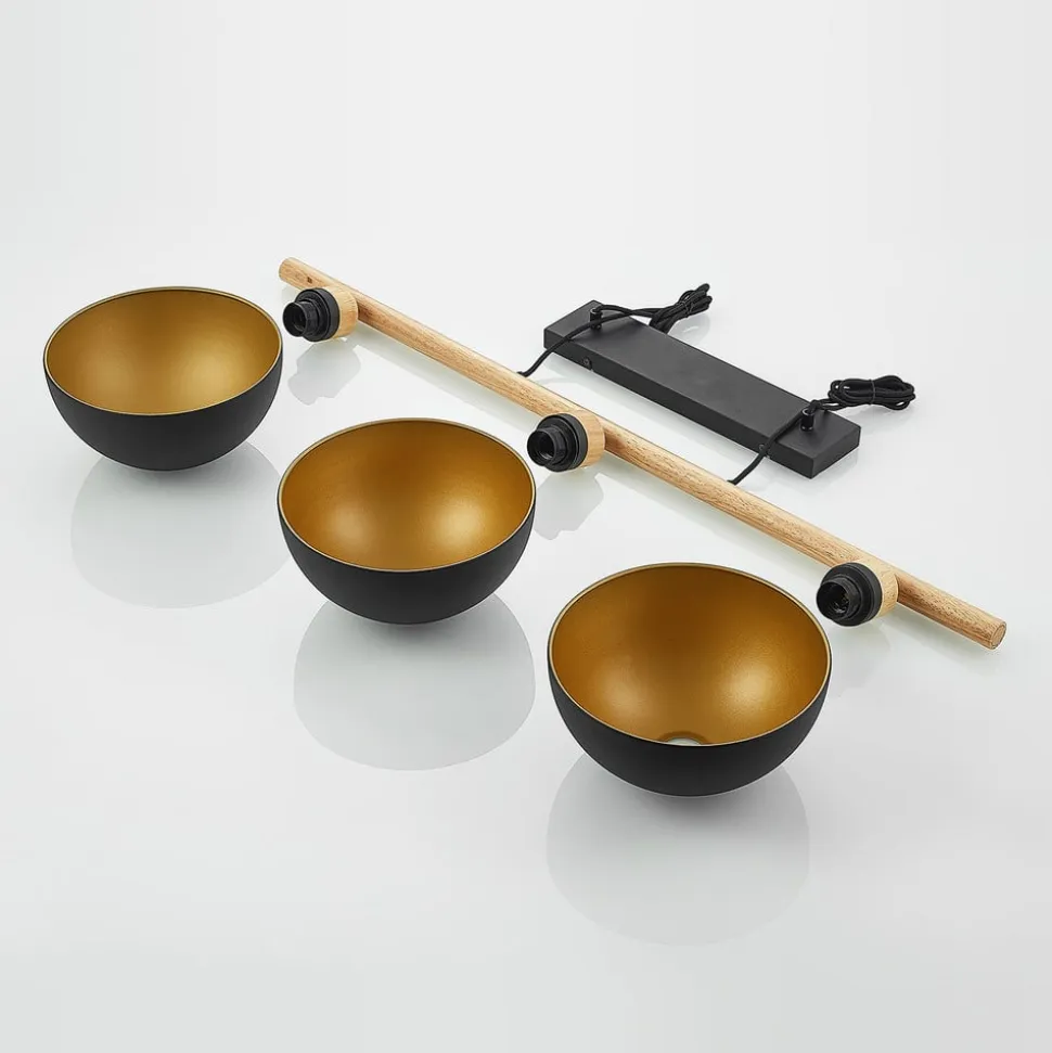 Lindby hængelampe Tirzana, 3 lyskilder, sort, metal, træ