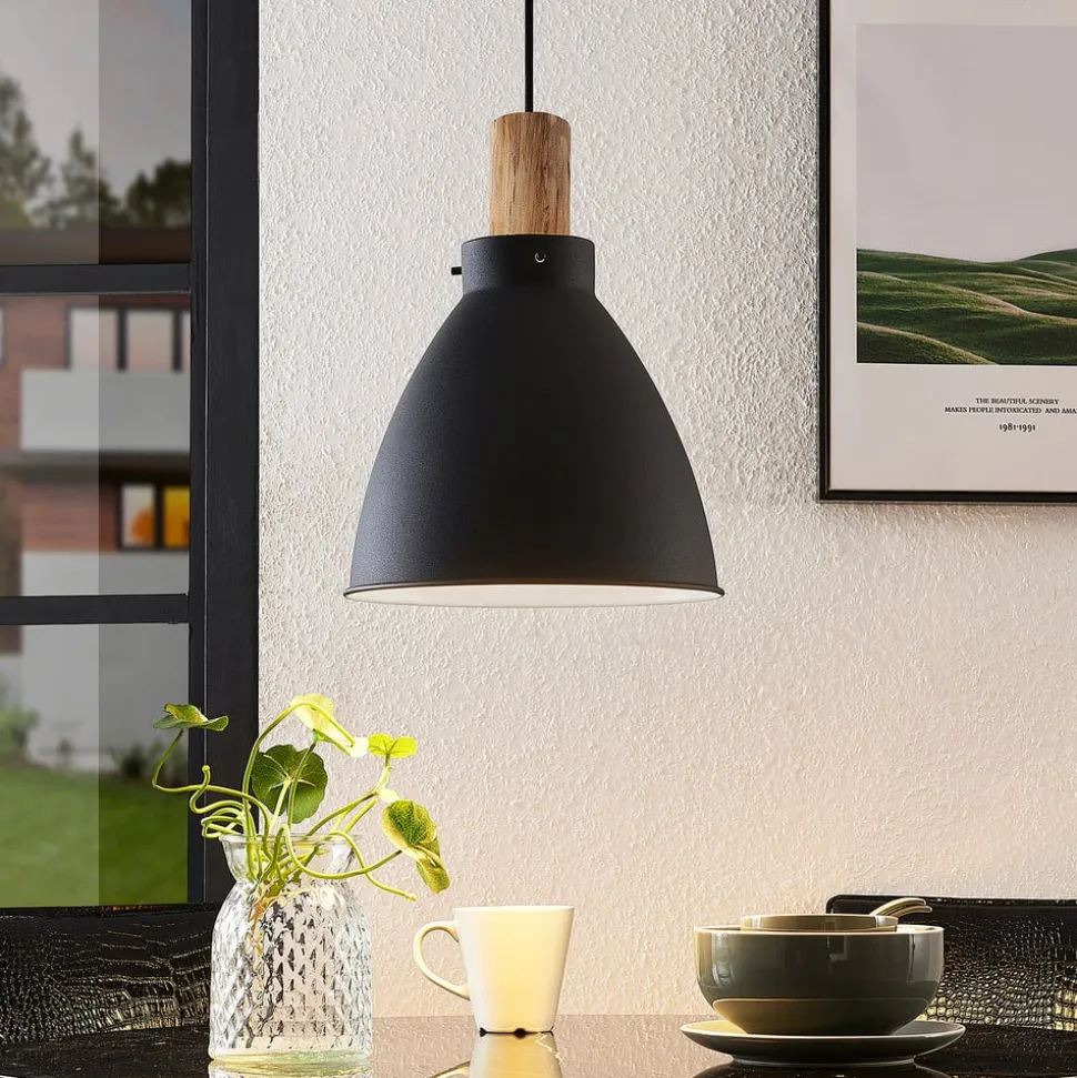 Lindby hængelampe Trebale, E27, Ø 28 cm, sort, træ