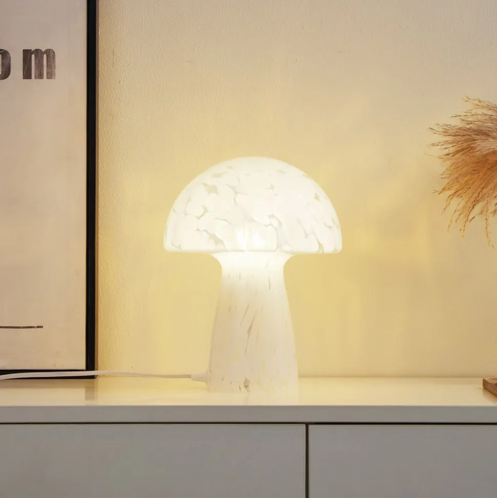 Lindby Hubi bordlampe, hvid, glas, Ø 22 cm, svampeform