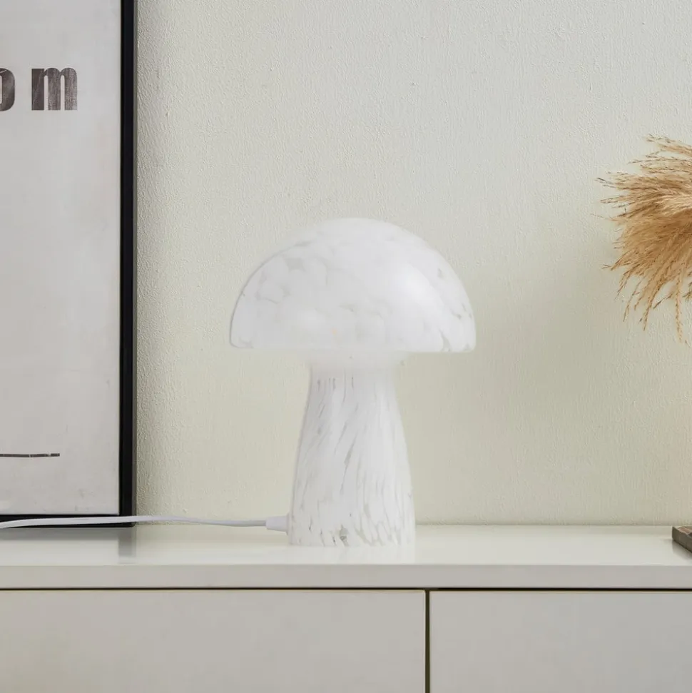 Lindby Hubi bordlampe, hvid, glas, Ø 22 cm, svampeform