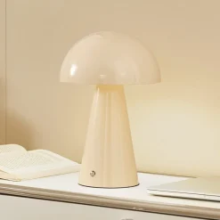 Lindby LED genopladelig bordlampe Nevijo, beige, Ø20cm, USB, dæmper