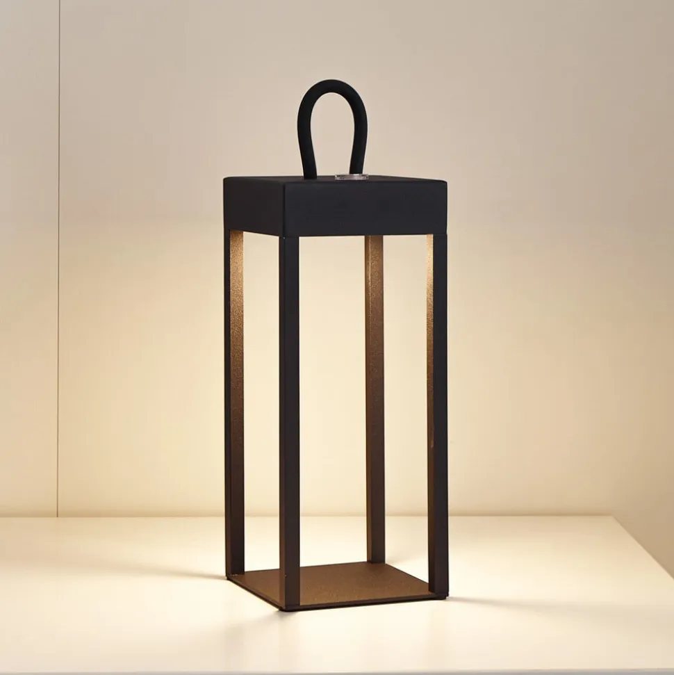 Lindby LED genopladelig bordlampe Iruna, sort, metal, 27 cm, dæmpbar.